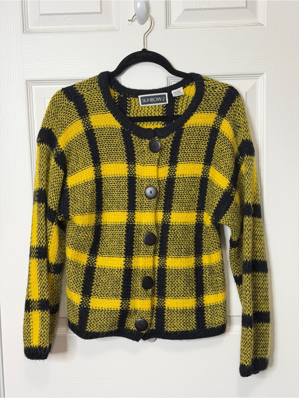 Vintage 80’s Clueless Yellow & Black Plaid Knit Cardigan Sweater